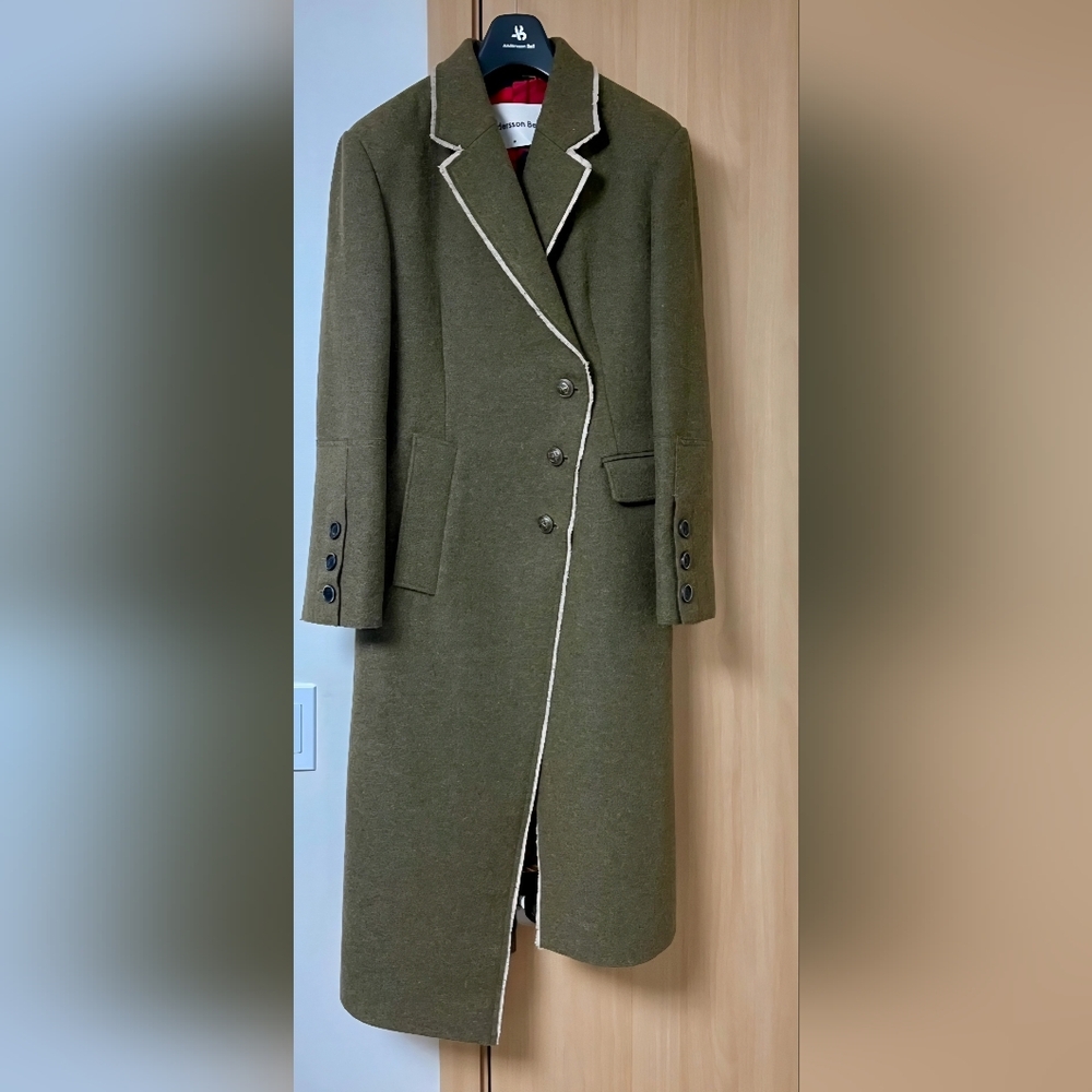 Anderson Bell Berlin Olive Green Khaki Wool Raw Edge Asymmetric Long Coat